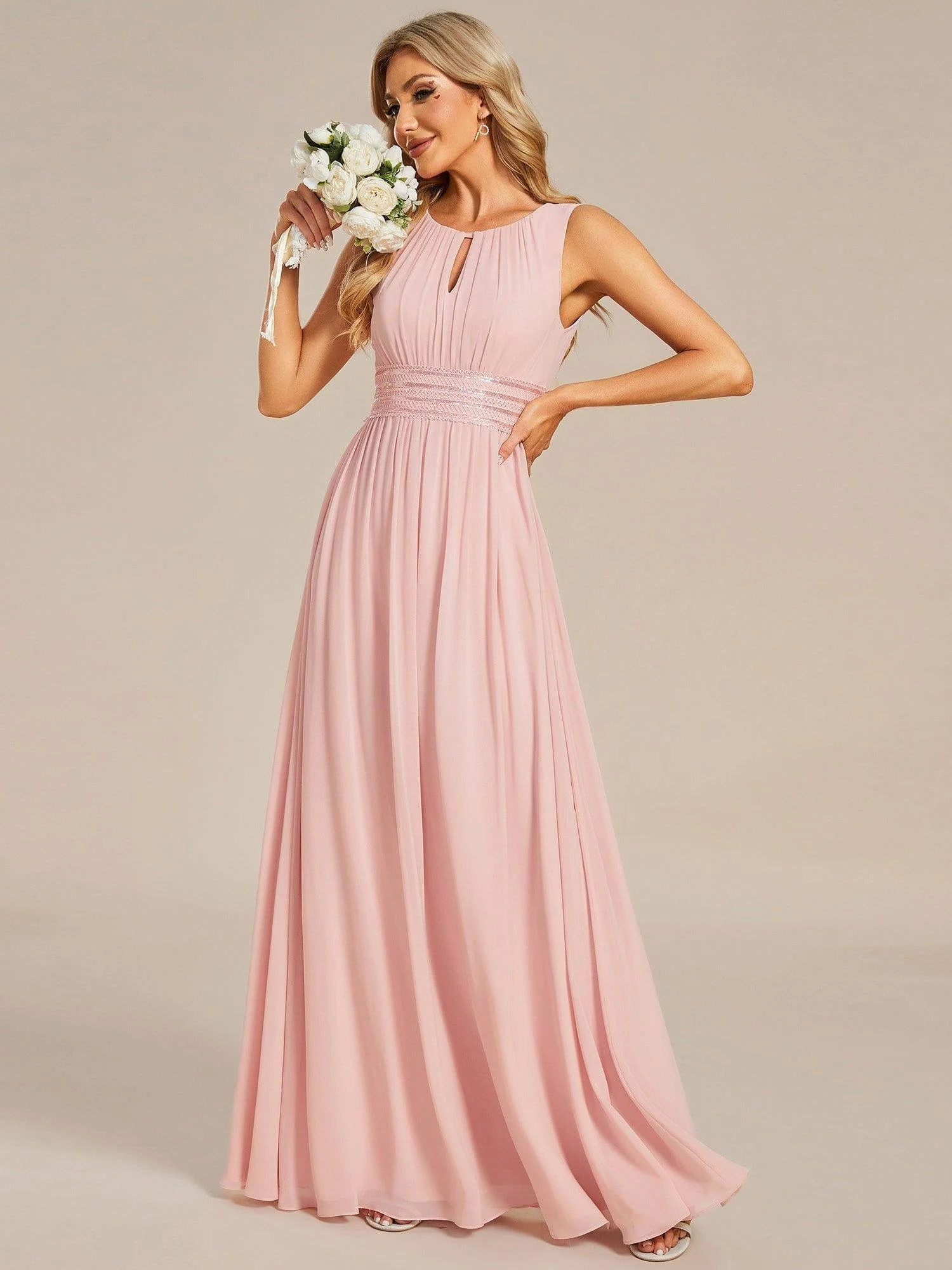 ever KALIA|A-Line Chiffon Round Neckline Bridesmaid Dress with Sleeveless and Pleats In Pink - Image 4