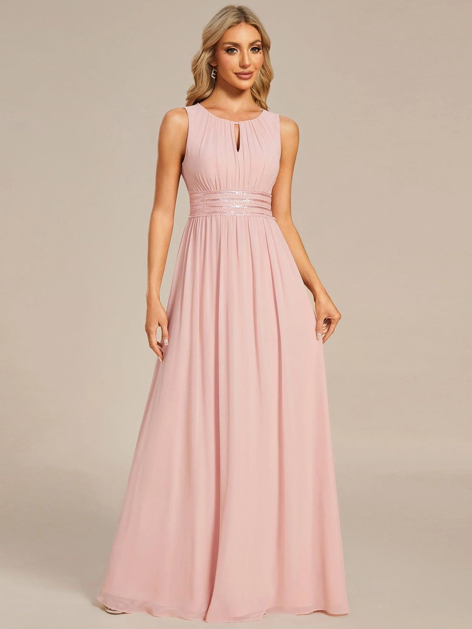 ever KALIA|A-Line Chiffon Round Neckline Bridesmaid Dress with Sleeveless and Pleats In Pink - Image 5