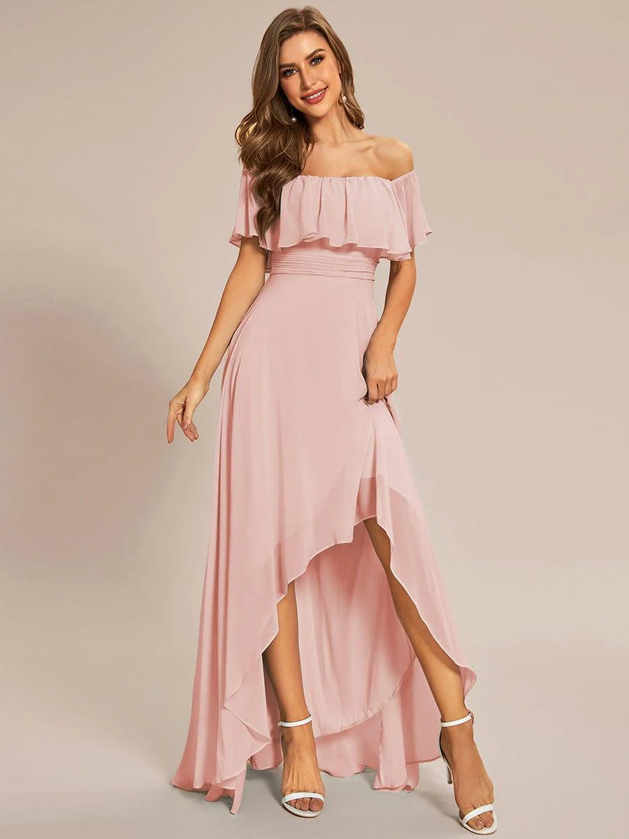 Chiffon Off-The-Shoulder High Low Bridesmaid Dress(Final Sale) - Image 58