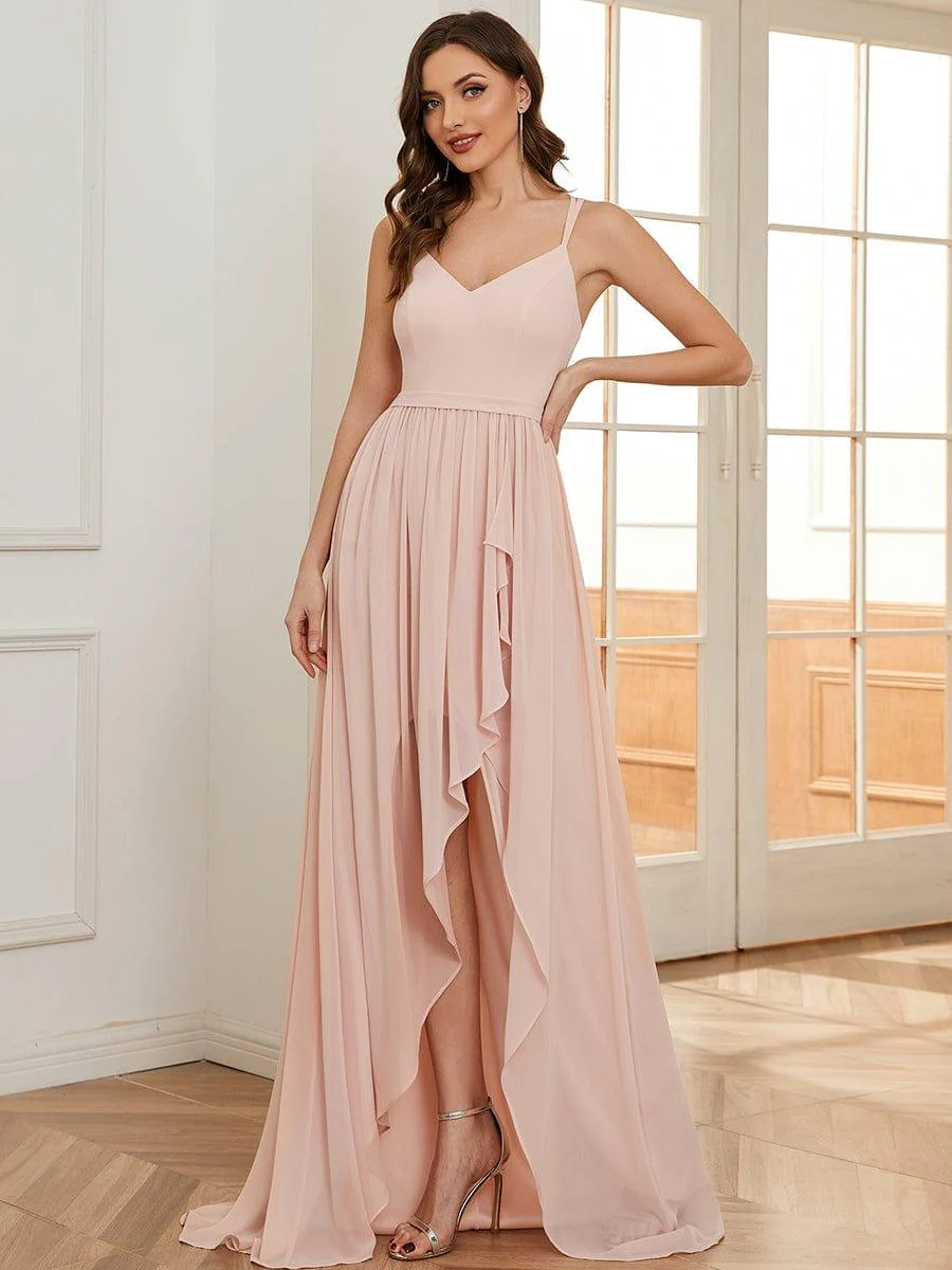 Chiffon Sweetheart Spaghetti Strap Ruffled Front Slit A-Line Bridesmaid Dress(Final Sale) - Image 11