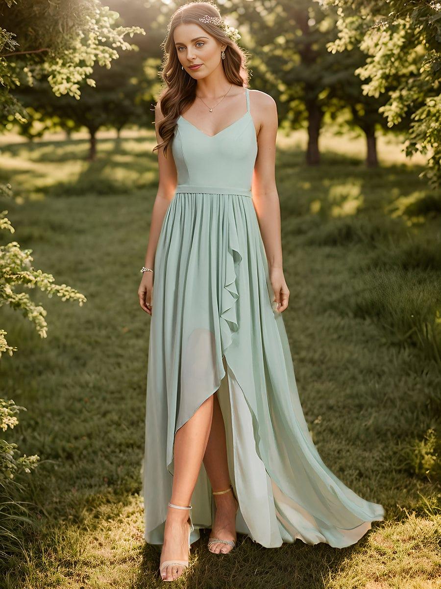 Chiffon Sweetheart Spaghetti Strap Ruffled Front Slit A-Line Bridesmaid Dress(Final Sale) - Image 13