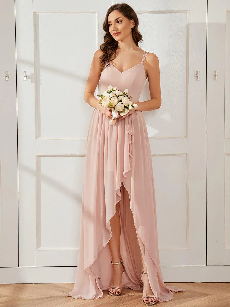 Chiffon Sweetheart Spaghetti Strap Ruffled Front Slit A-Line Bridesmaid Dress(Final Sale) - Image 15