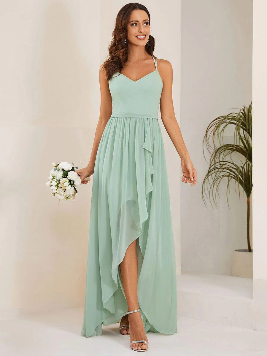 Chiffon Sweetheart Spaghetti Strap Ruffled Front Slit A-Line Bridesmaid Dress(Final Sale) - Image 16