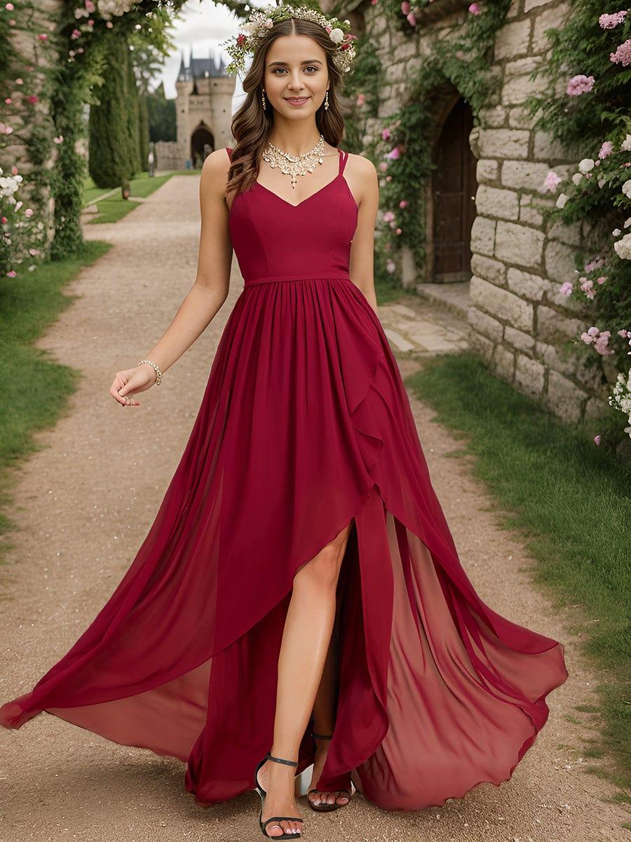 Chiffon Sweetheart Spaghetti Strap Ruffled Front Slit A-Line Bridesmaid Dress(Final Sale) - Image 17