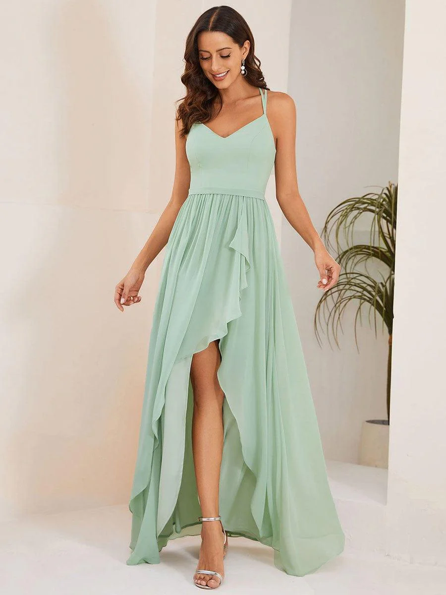 Chiffon Sweetheart Spaghetti Strap Ruffled Front Slit A-Line Bridesmaid Dress(Final Sale) - Image 21