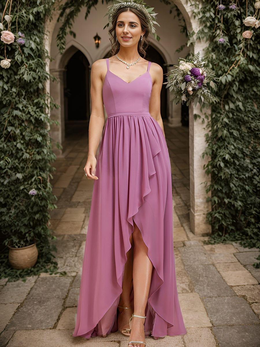 Chiffon Sweetheart Spaghetti Strap Ruffled Front Slit A-Line Bridesmaid Dress(Final Sale) - Image 22