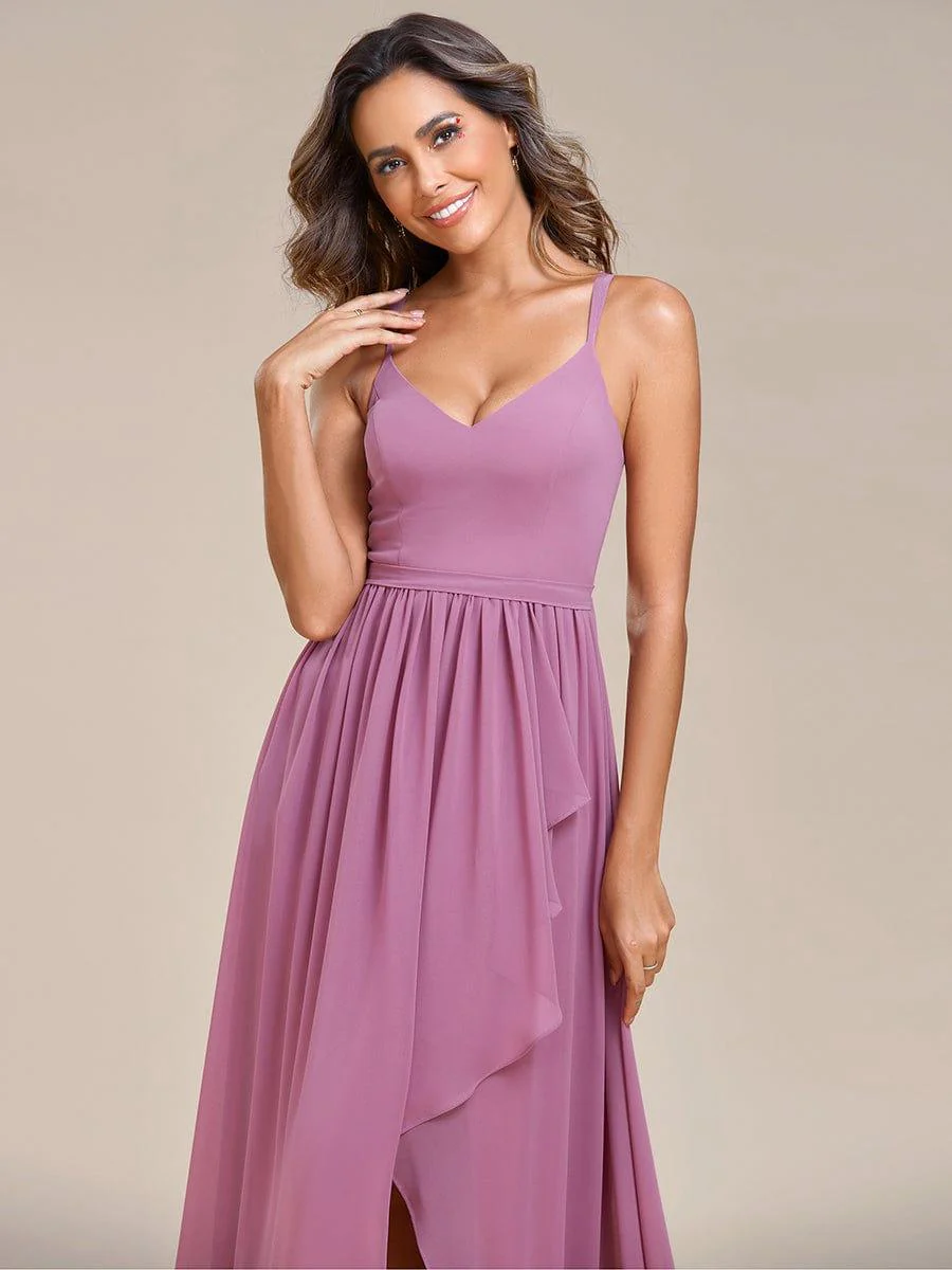 Chiffon Sweetheart Spaghetti Strap Ruffled Front Slit A-Line Bridesmaid Dress(Final Sale) - Image 24