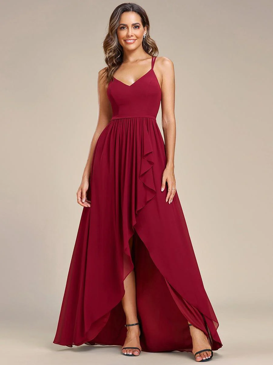 Chiffon Sweetheart Spaghetti Strap Ruffled Front Slit A-Line Bridesmaid Dress(Final Sale) - Image 25