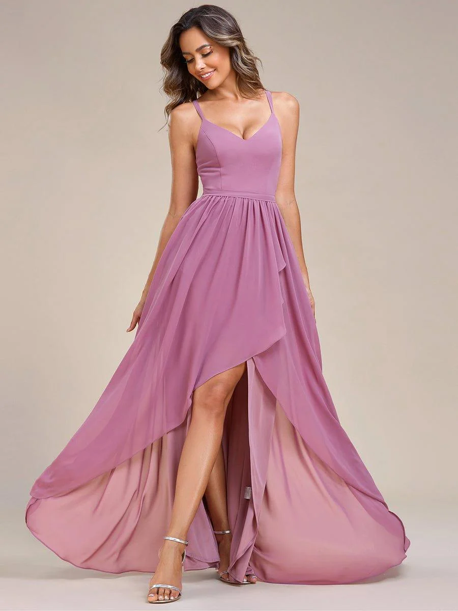 Chiffon Sweetheart Spaghetti Strap Ruffled Front Slit A-Line Bridesmaid Dress(Final Sale) - Image 27