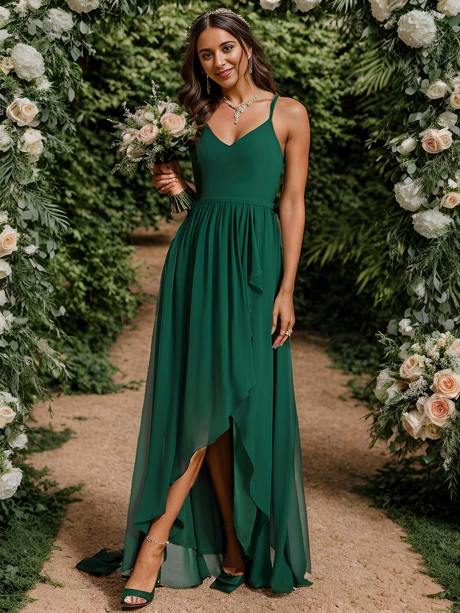 Chiffon Sweetheart Spaghetti Strap Ruffled Front Slit A-Line Bridesmaid Dress(Final Sale) - Image 4