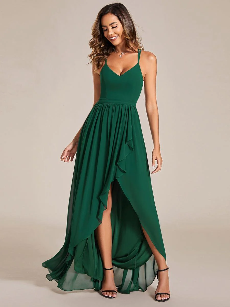 Chiffon Sweetheart Spaghetti Strap Ruffled Front Slit A-Line Bridesmaid Dress(Final Sale) - Image 6