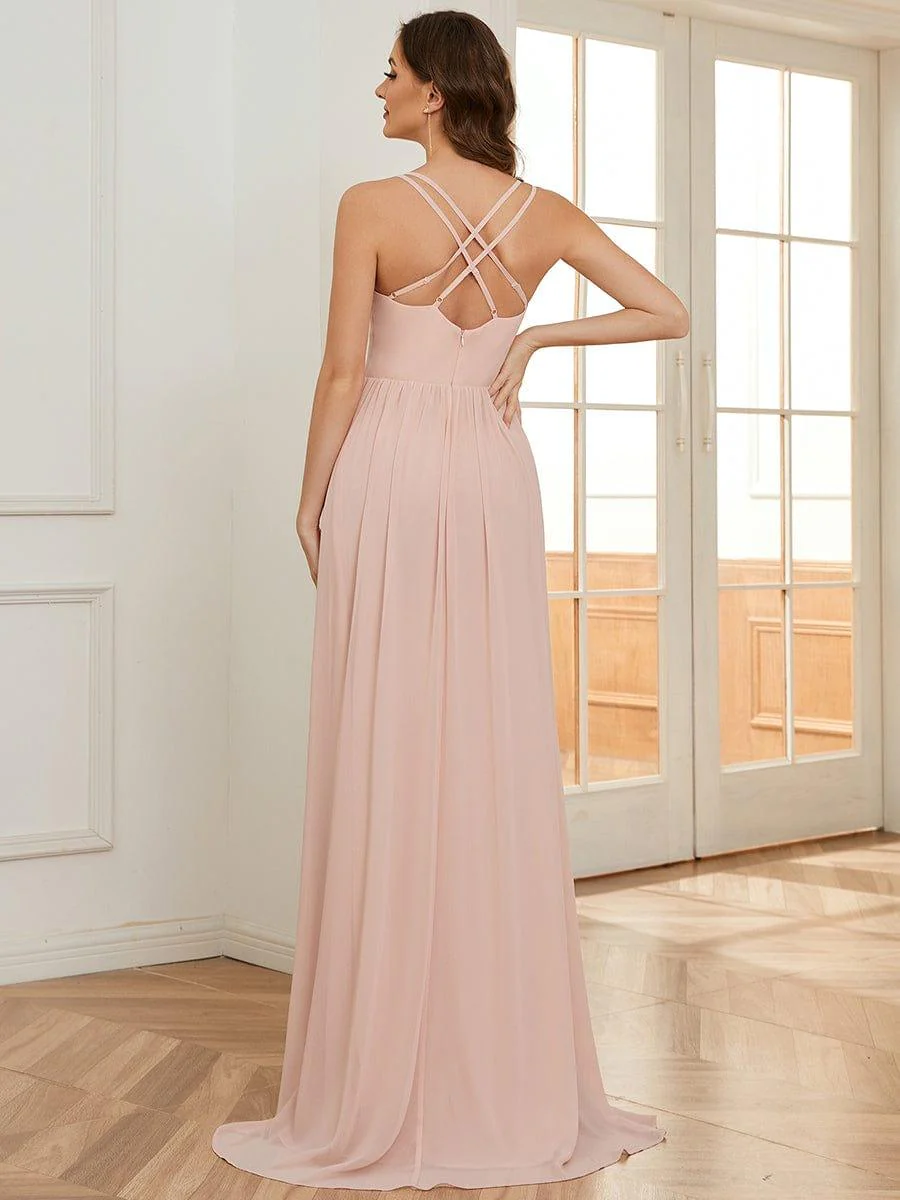 Chiffon Sweetheart Spaghetti Strap Ruffled Front Slit A-Line Bridesmaid Dress(Final Sale) - Image 9