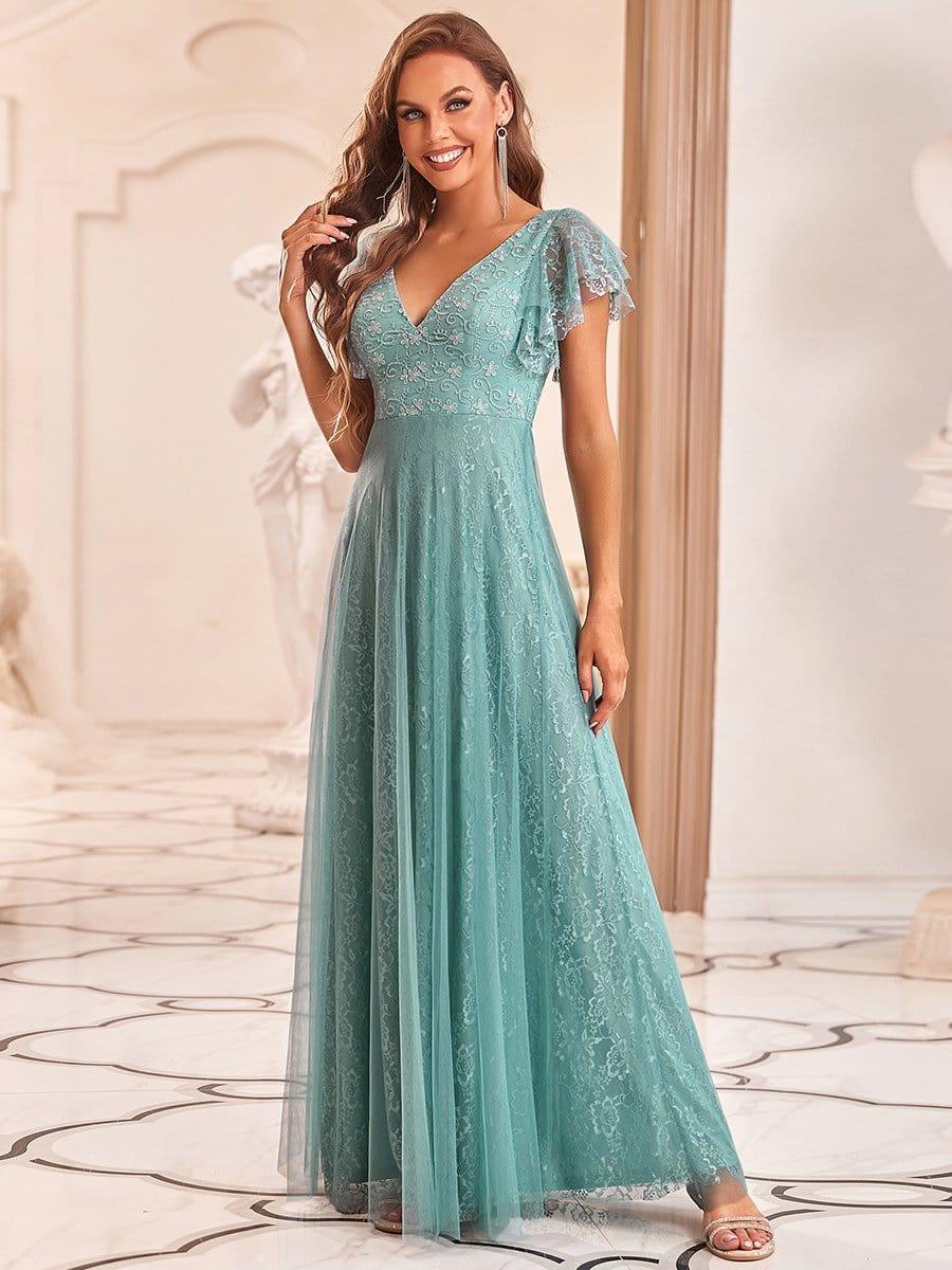 Double V Neck Maxi Lace Evening Dresses with Ruffle Sleeves - Image 16