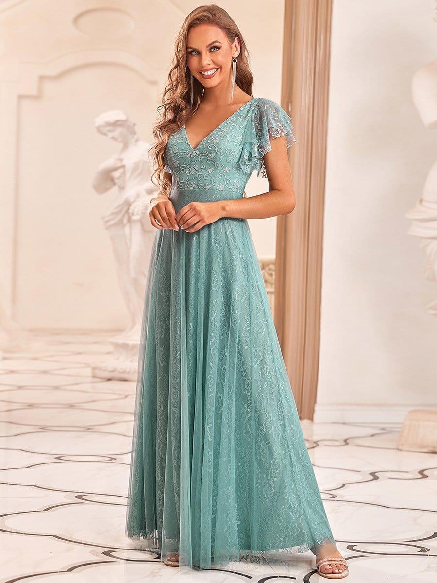 Double V Neck Maxi Lace Evening Dresses with Ruffle Sleeves - Image 20