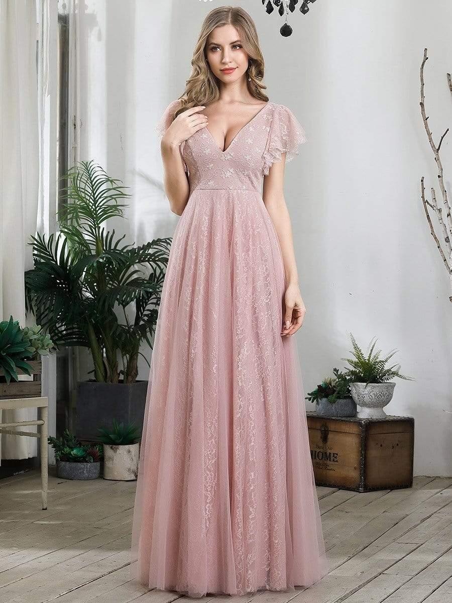 Double V Neck Maxi Lace Evening Dresses with Ruffle Sleeves - Image 24