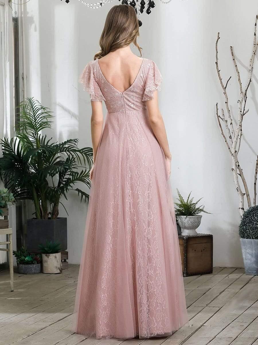 Double V Neck Maxi Lace Evening Dresses with Ruffle Sleeves - Image 25