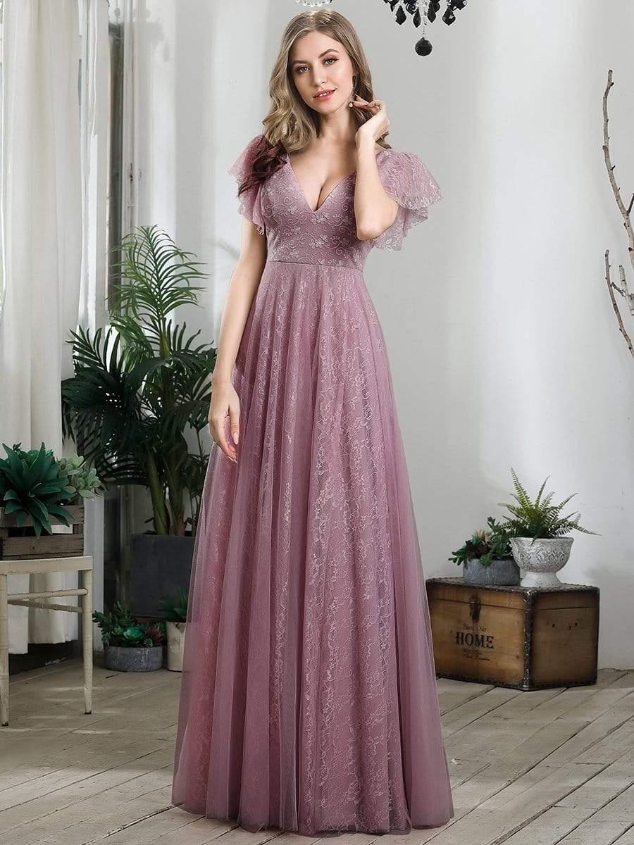Double V Neck Maxi Lace Evening Dresses with Ruffle Sleeves - Image 29