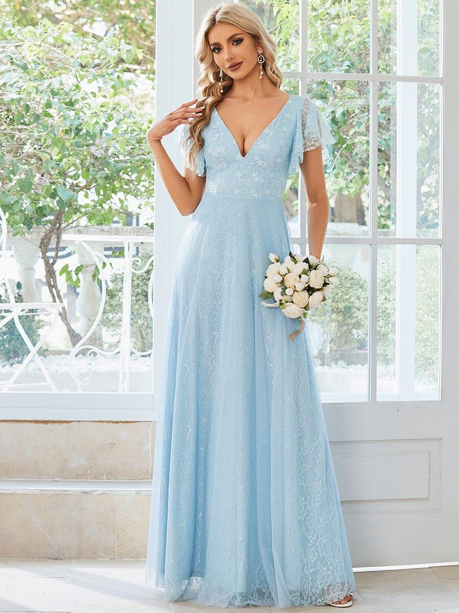 Double V Neck Maxi Lace Evening Dresses with Ruffle Sleeves - Image 3