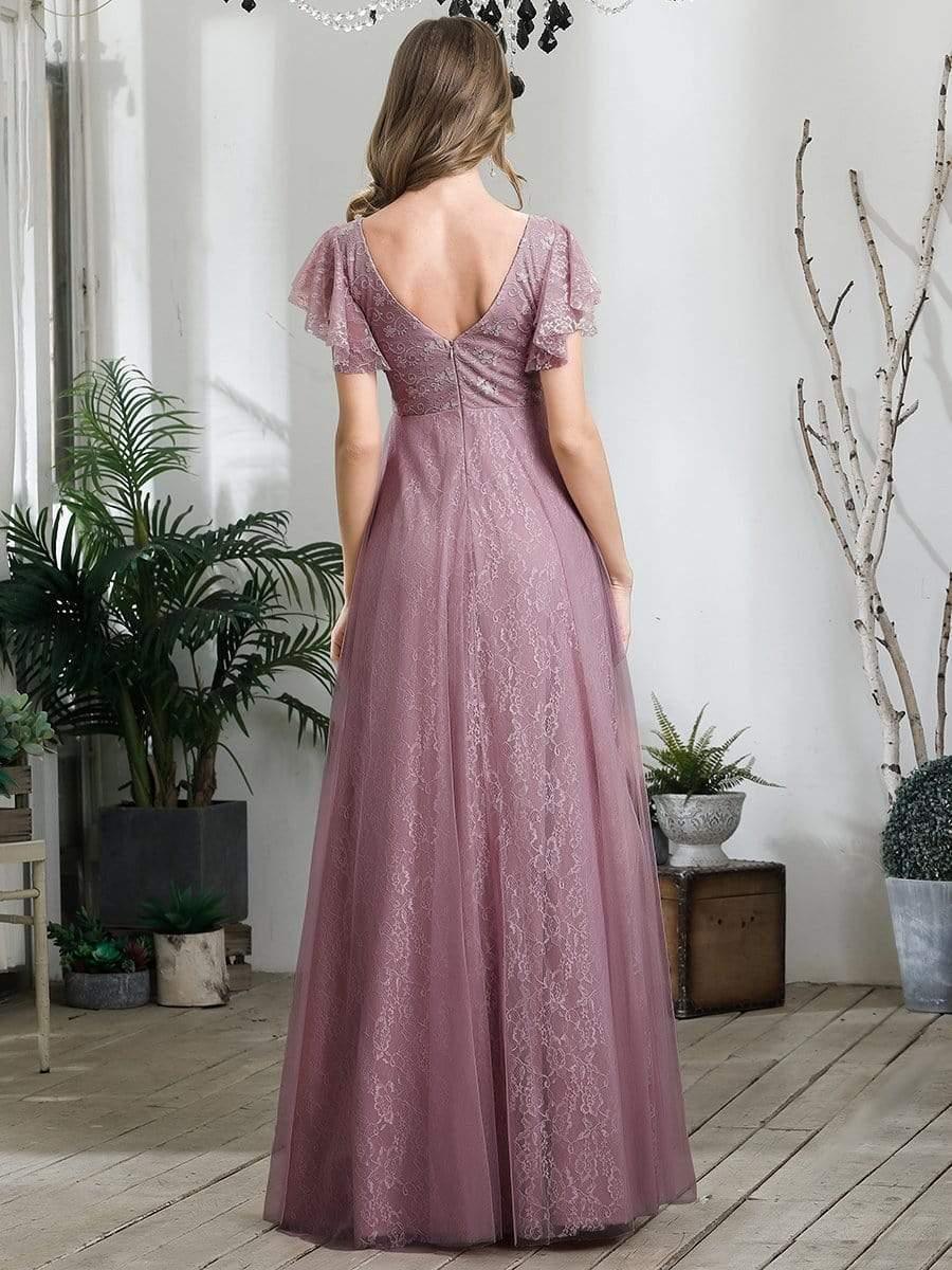 Double V Neck Maxi Lace Evening Dresses with Ruffle Sleeves - Image 30