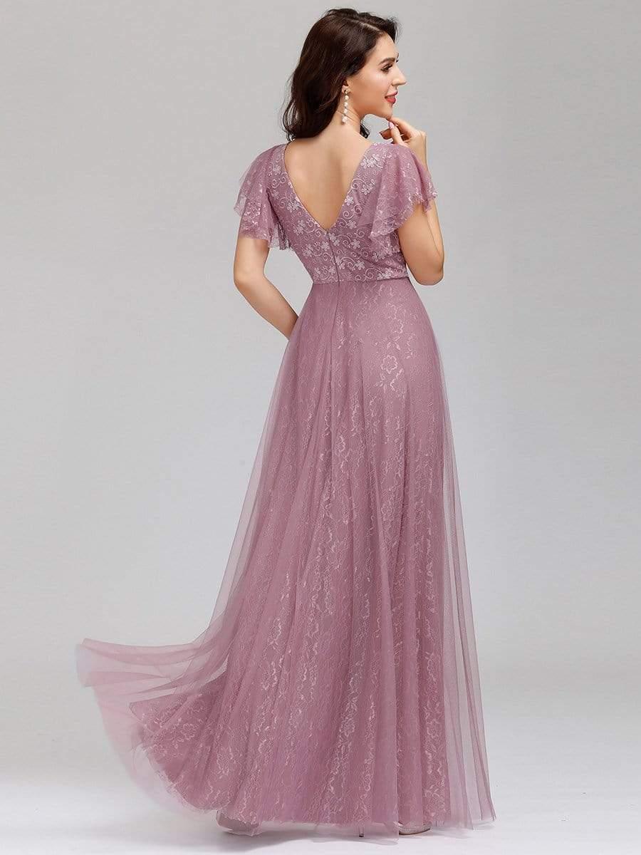 Double V Neck Maxi Lace Evening Dresses with Ruffle Sleeves - Image 32