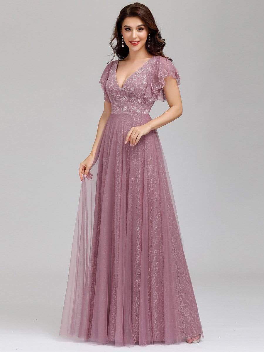 Double V Neck Maxi Lace Evening Dresses with Ruffle Sleeves - Image 34