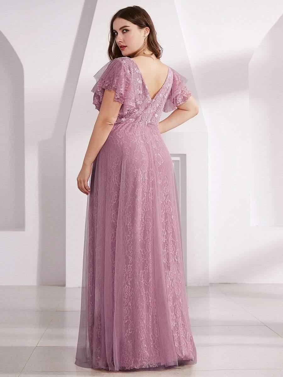 Double V Neck Maxi Lace Evening Dresses with Ruffle Sleeves - Image 35