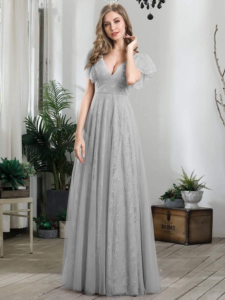 Double V Neck Maxi Lace Evening Dresses with Ruffle Sleeves - Image 36
