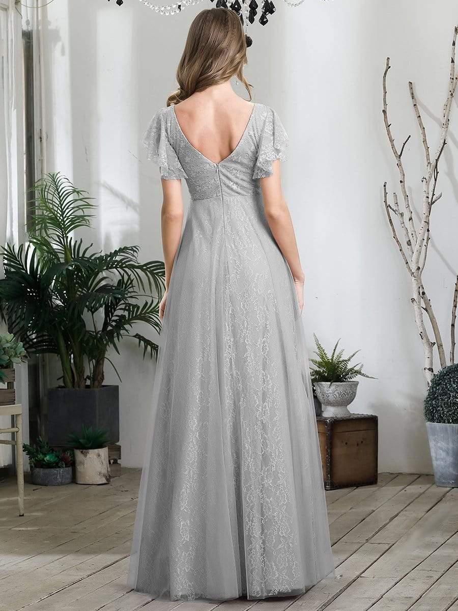 Double V Neck Maxi Lace Evening Dresses with Ruffle Sleeves - Image 37