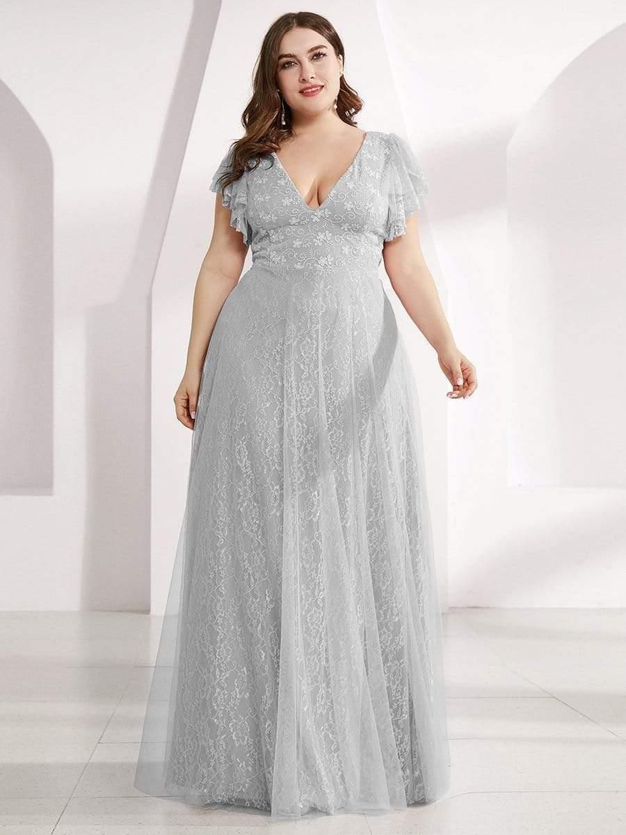 Double V Neck Maxi Lace Evening Dresses with Ruffle Sleeves - Image 39
