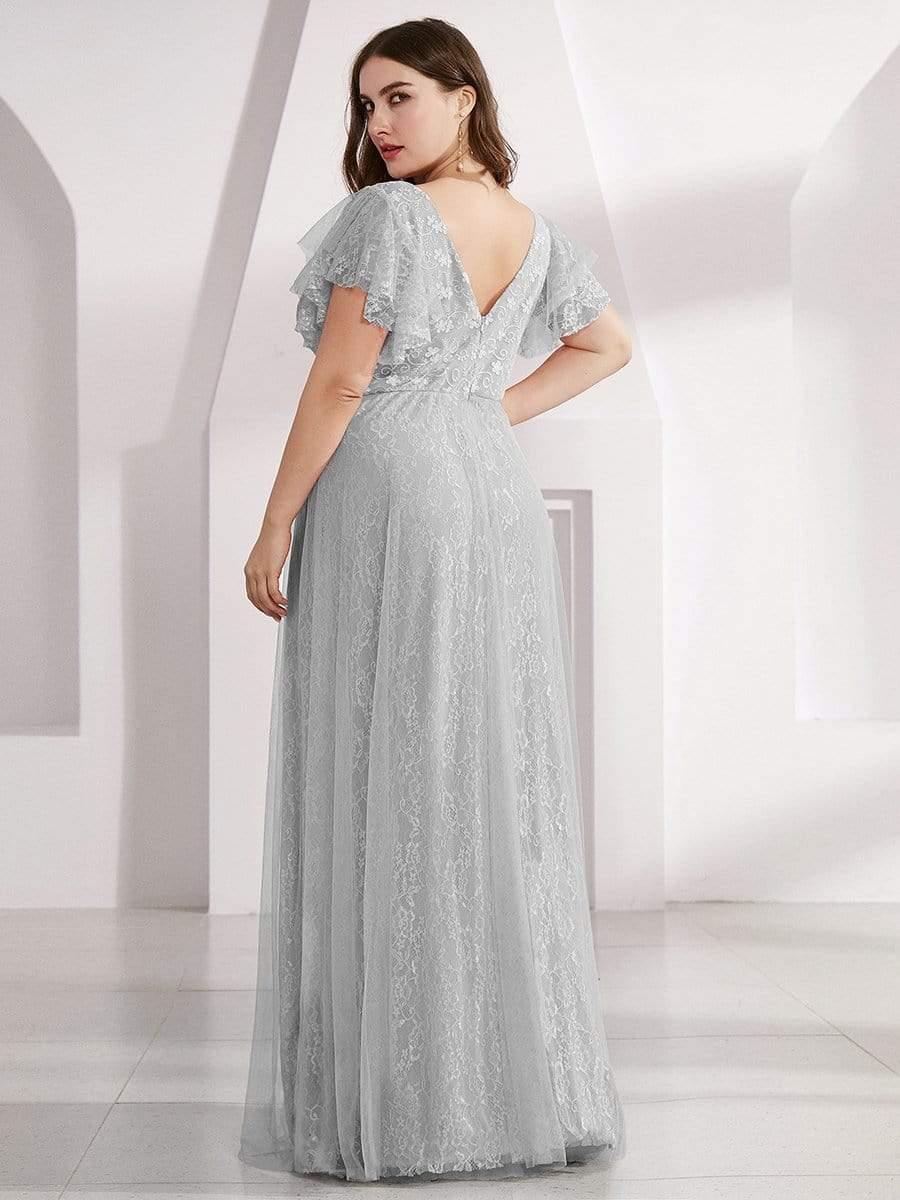 Double V Neck Maxi Lace Evening Dresses with Ruffle Sleeves - Image 40