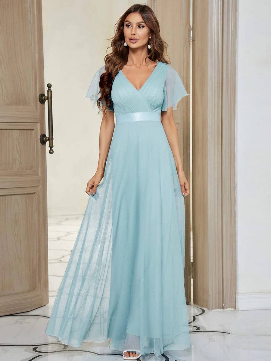 ever MISTE|Women's Double V-Neck Floor-Length Bridesmaid Dress with Short Sleeve - Image 55