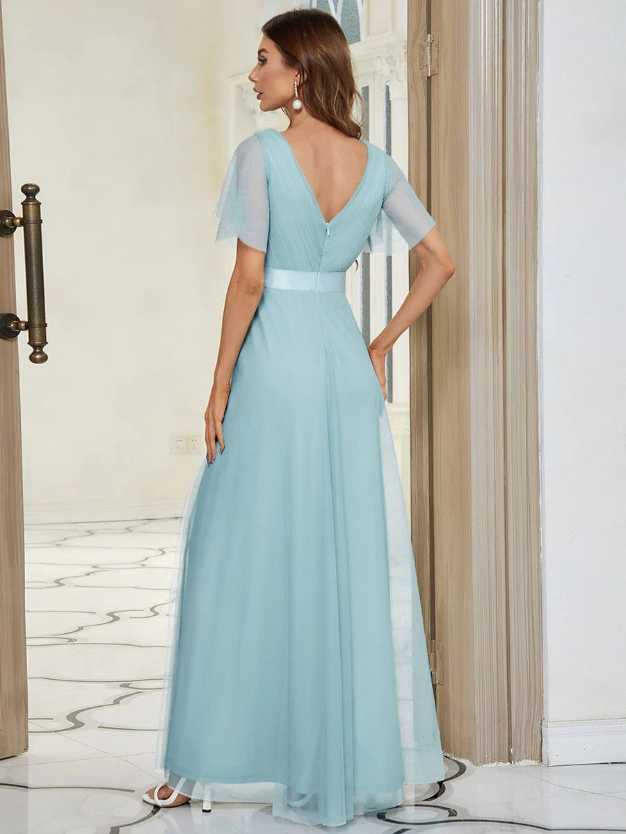 ever MISTE|Women's Double V-Neck Floor-Length Bridesmaid Dress with Short Sleeve - Image 56