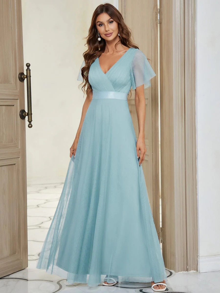 ever MISTE|Women's Double V-Neck Floor-Length Bridesmaid Dress with Short Sleeve - Image 59