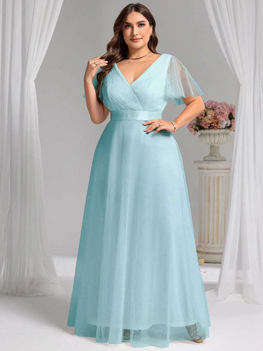 ever MISTE|Women's Double V-Neck Floor-Length Bridesmaid Dress with Short Sleeve - Image 60