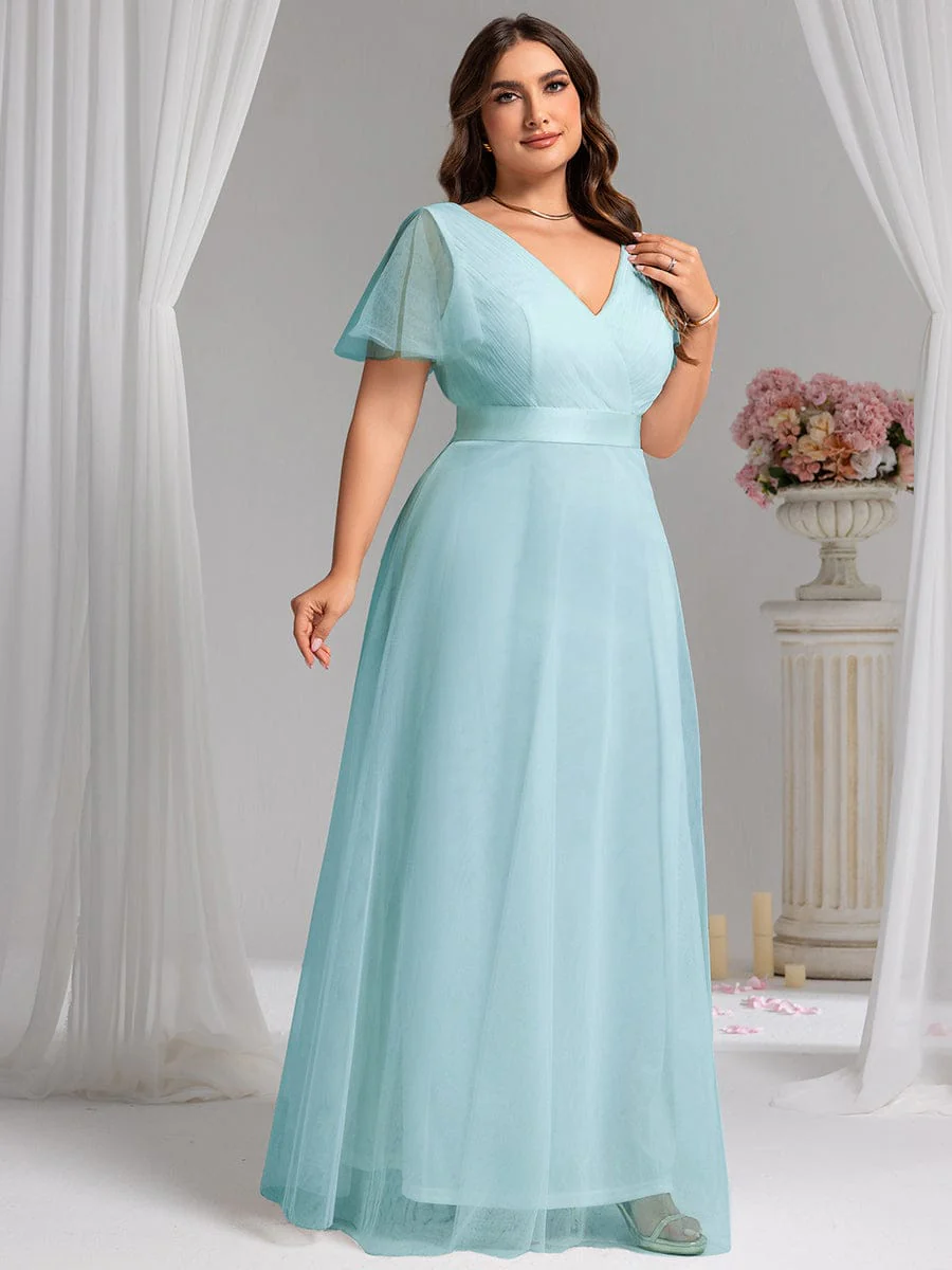 ever MISTE|Women's Double V-Neck Floor-Length Bridesmaid Dress with Short Sleeve - Image 63