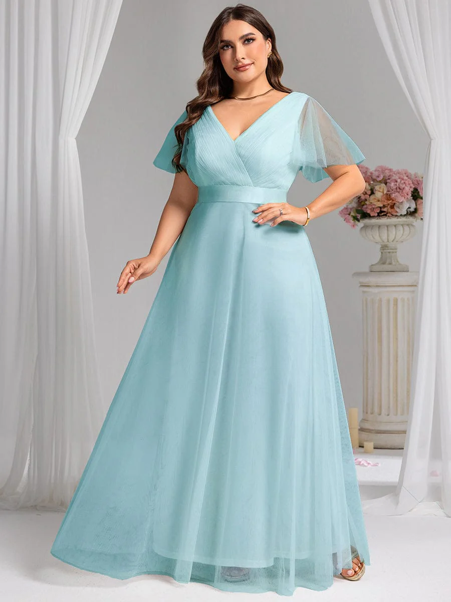 ever MISTE|Women's Double V-Neck Floor-Length Bridesmaid Dress with Short Sleeve - Image 46