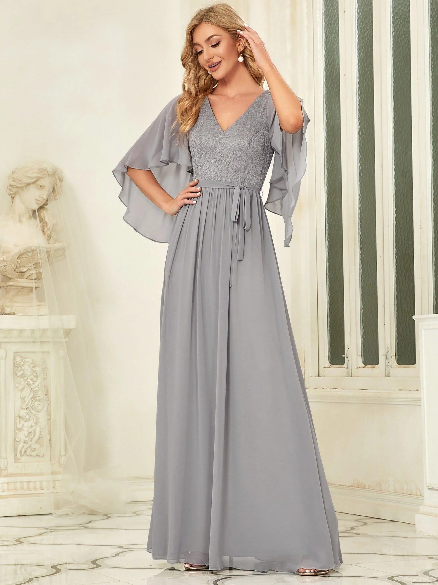 Elegant Deep V Neck Chiffon Maxi Evening Dress - Image 4
