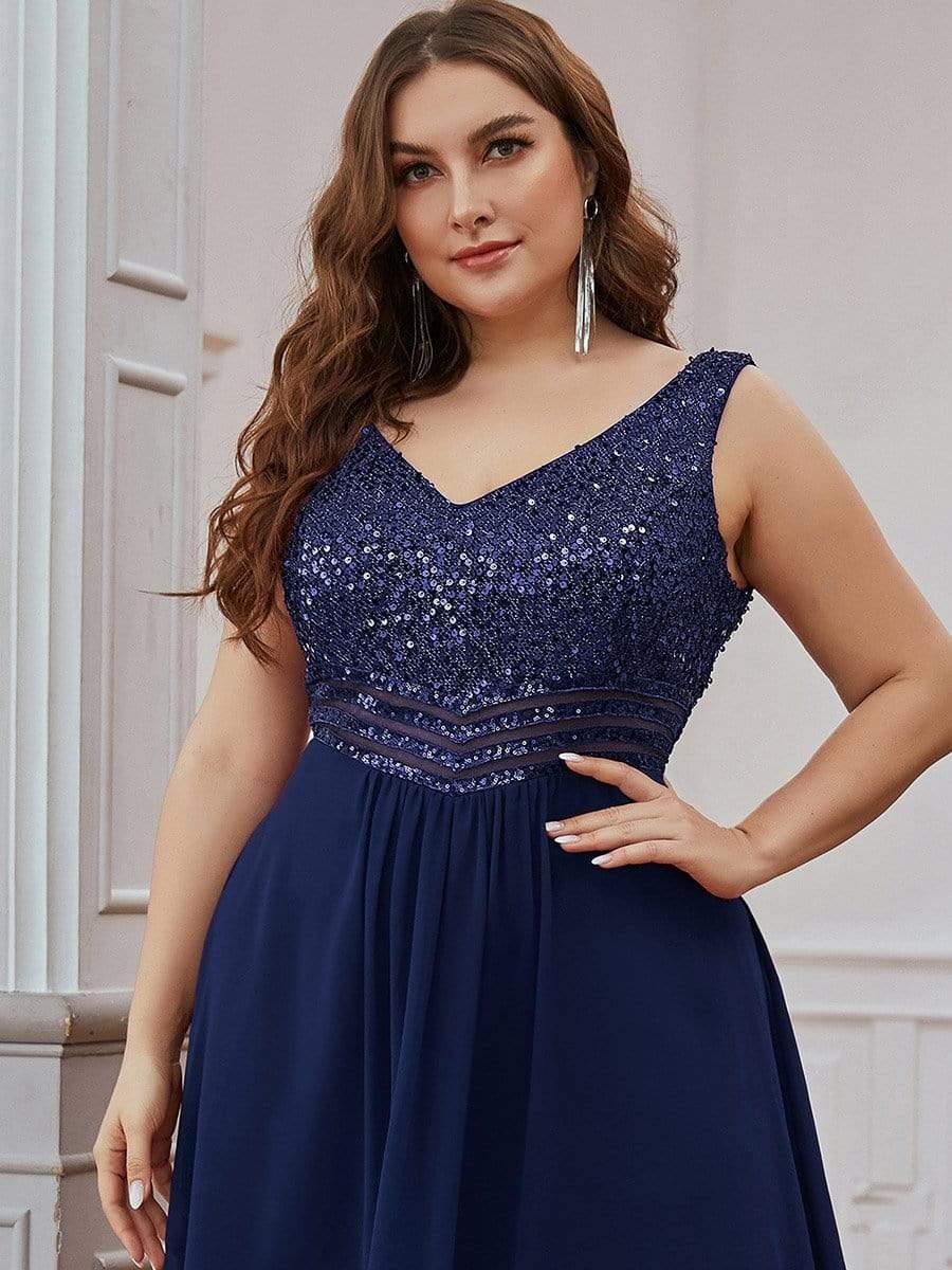 Elegant Paillette & Chiffon V-neck A-line Sleeveless Plus Size Evening Dresses(Final Sale) - Image 14