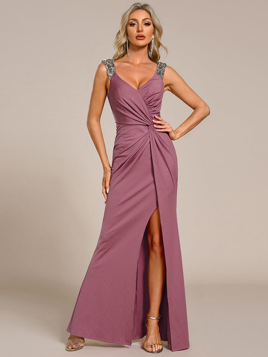 ever NOIRE|Elegant Sequin V Neck High Slit Wedding Guest Dress - Image 112