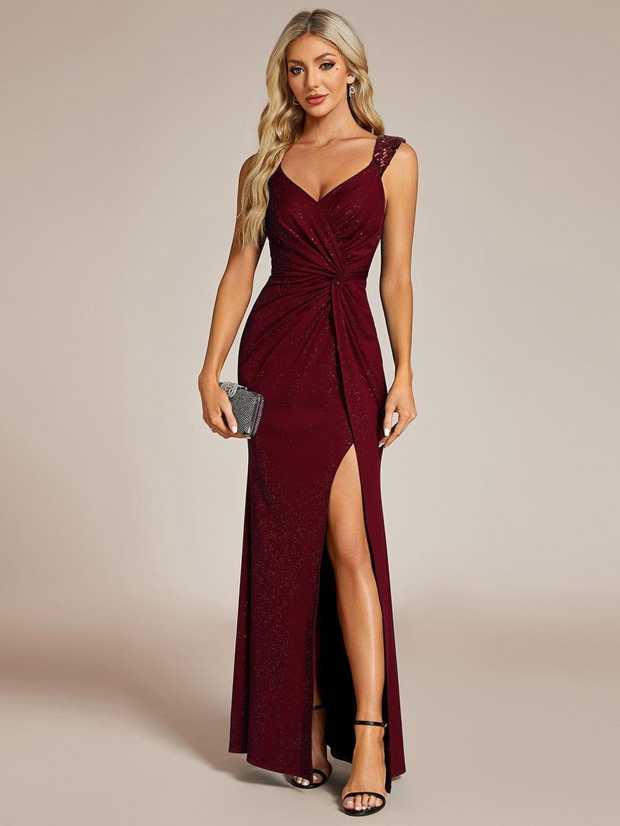 ever NOIRE|Elegant Sequin V Neck High Slit Wedding Guest Dress - Image 3
