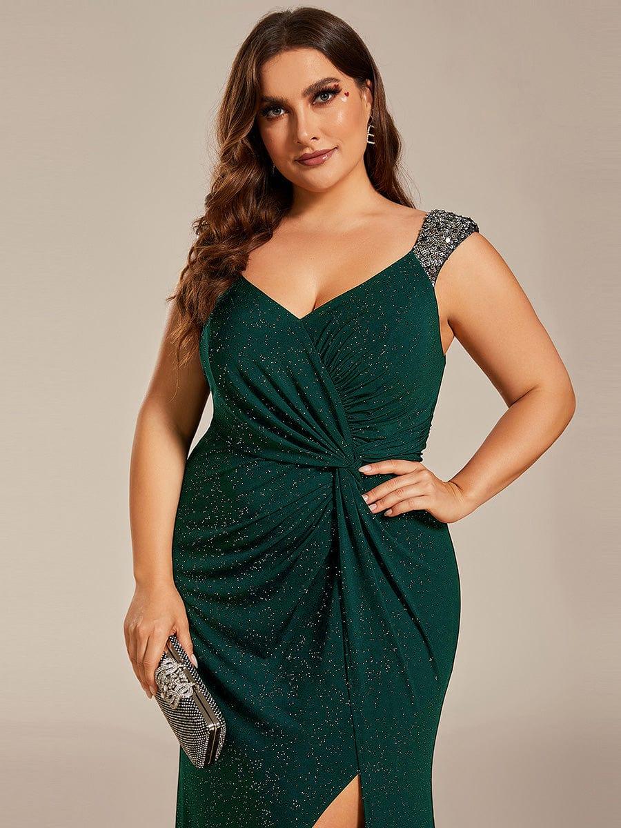 ever NOIRE|Elegant Sequin V Neck High Slit Wedding Guest Dress - Image 38