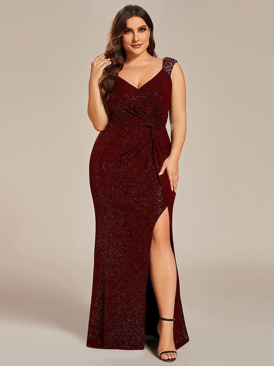 ever NOIRE|Elegant Sequin V Neck High Slit Wedding Guest Dress - Image 43