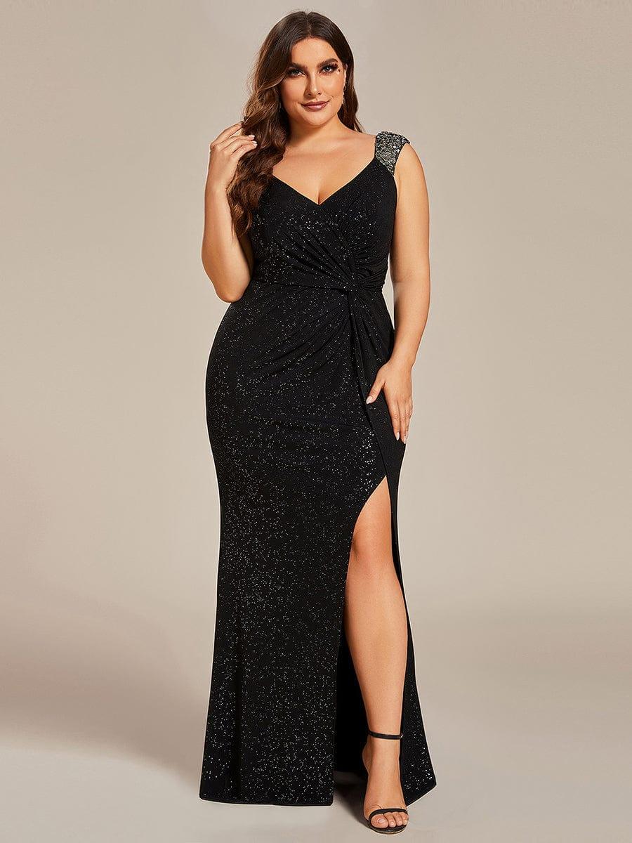 ever NOIRE|Elegant Sequin V Neck High Slit Wedding Guest Dress - Image 64