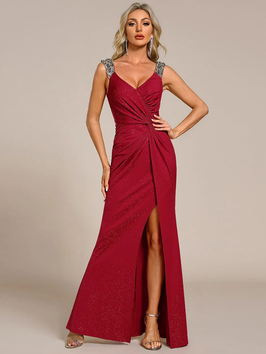ever NOIRE|Elegant Sequin V Neck High Slit Wedding Guest Dress - Image 75