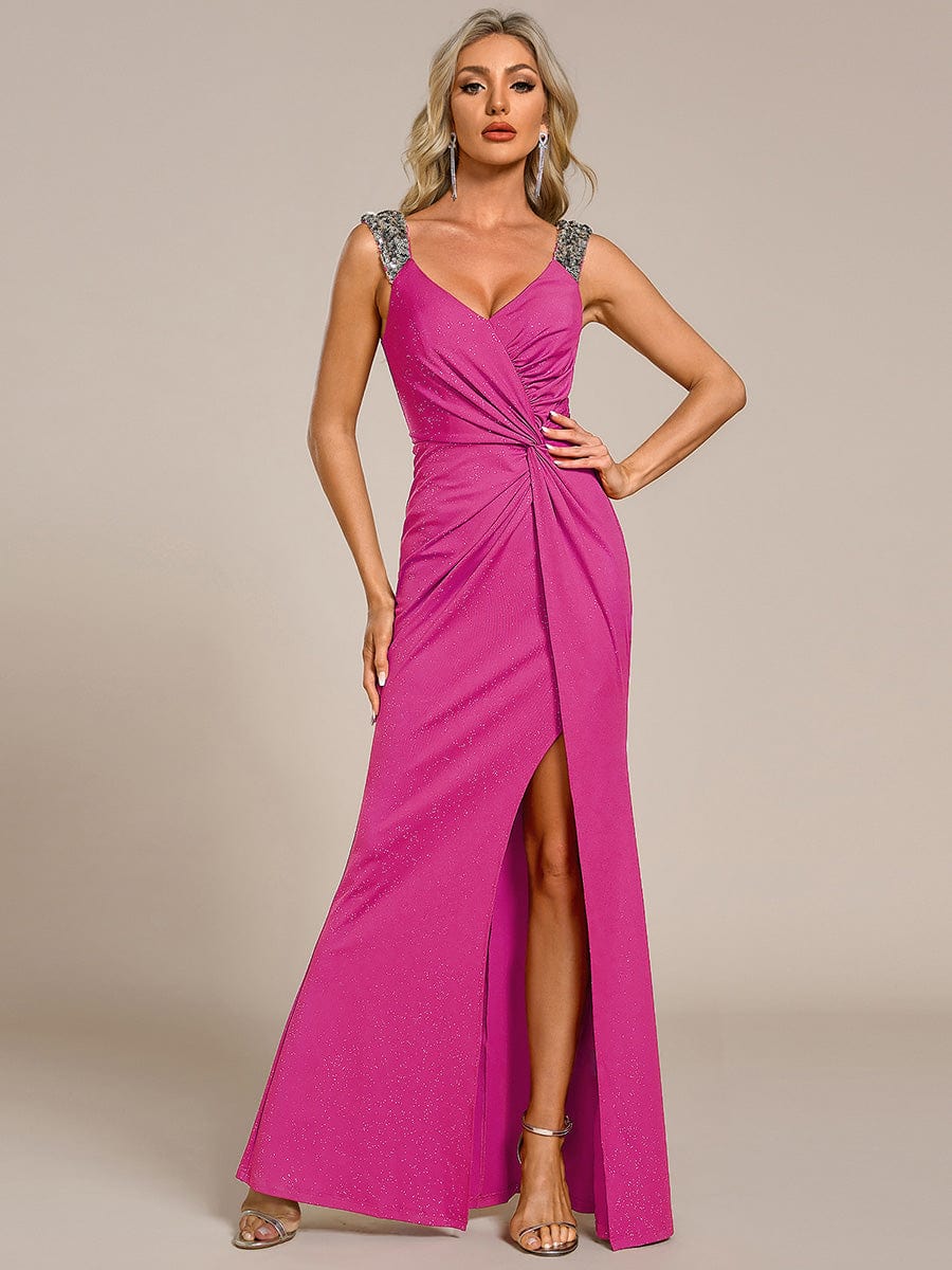 ever NOIRE|Elegant Sequin V Neck High Slit Wedding Guest Dress - Image 81