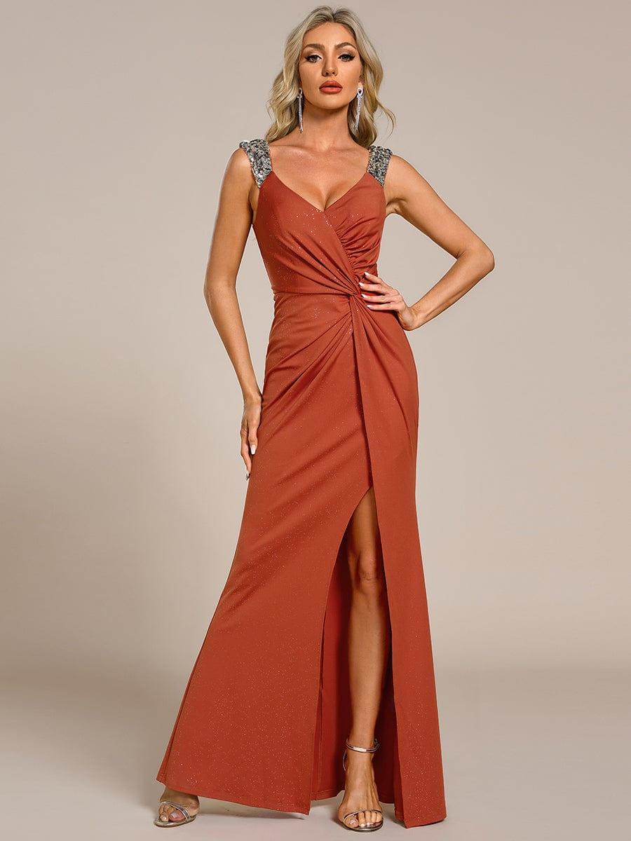 ever NOIRE|Elegant Sequin V Neck High Slit Wedding Guest Dress - Image 9