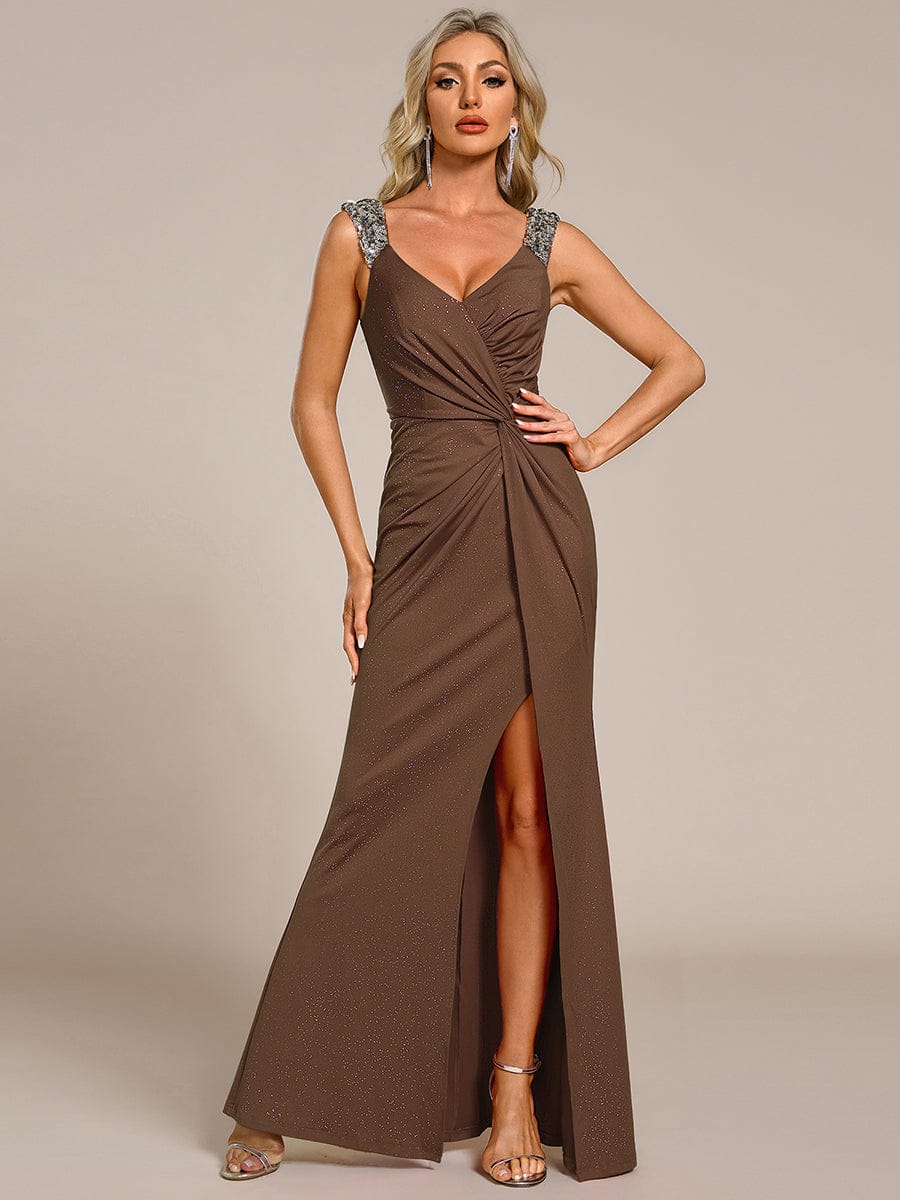 ever NOIRE|Elegant Sequin V Neck High Slit Wedding Guest Dress - Image 97