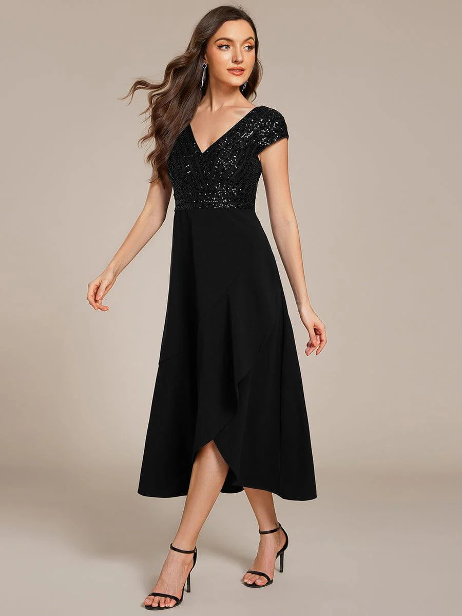 ever BAYLOR|Short Sleeve Sequin Asymmetrical Midi Evening Dress - Image 5