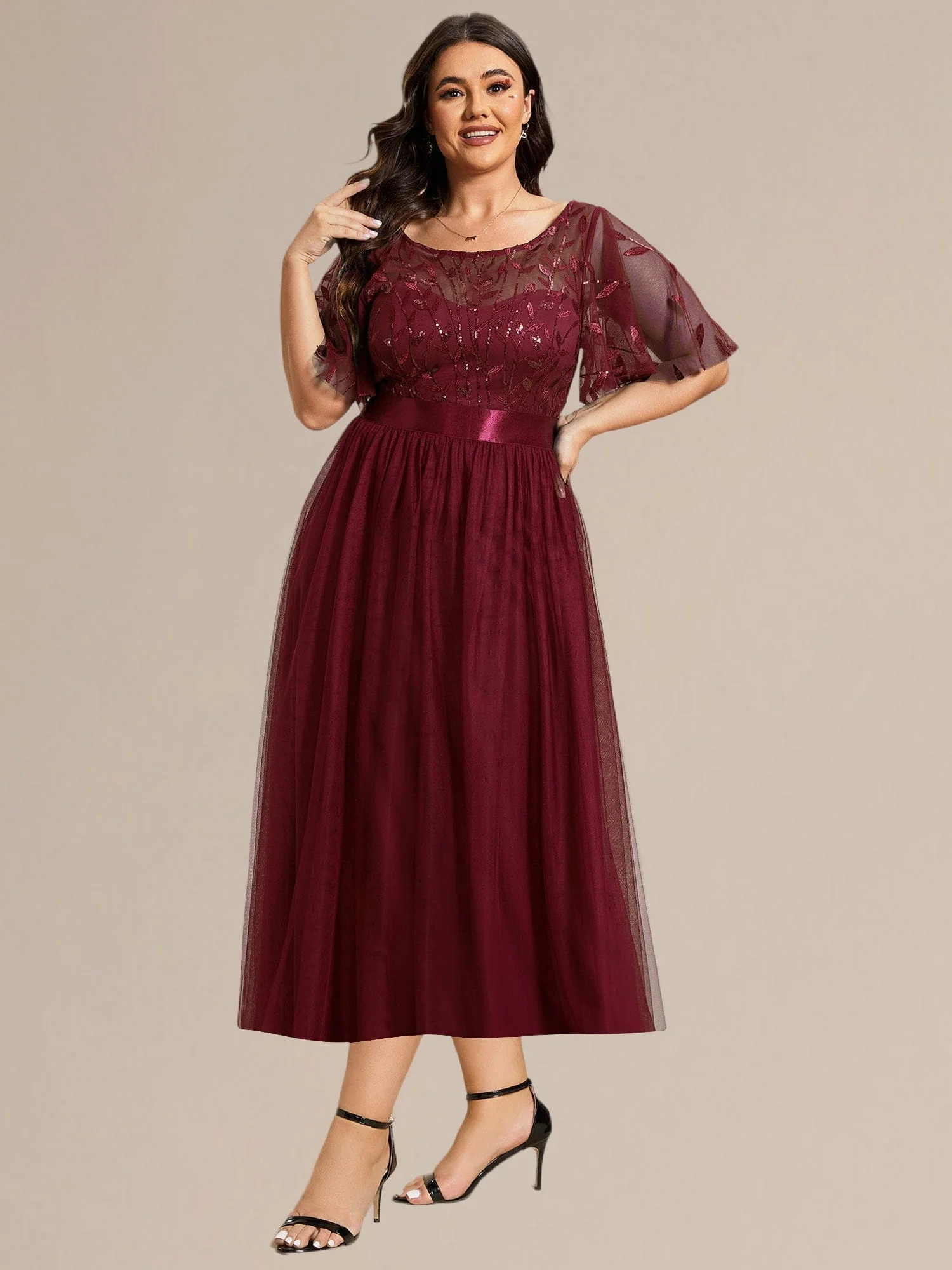 ever TAYLOR|Designer Sequined Leaf Midi Evening Dress - Image 16