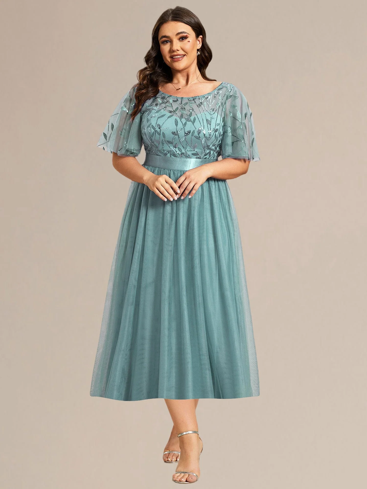 ever TAYLOR|Designer Sequined Leaf Midi Evening Dress - Image 29